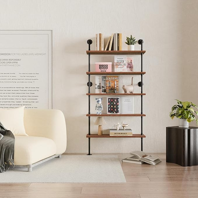 5 Tier Industrial Ladder Shelf Bookcase, Wall Mounted Wood Metal Pipe Rustic Bookshelf for Living... | Amazon (US)