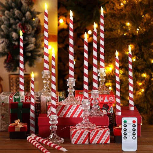 Baquler 12 Pcs Christmas Decoration Indoor Candy Cane Candles 10.6 Inch Candy Cane Flameless Candles Battery Operated Taper LED Xmas Candlesticks with Remote Timer for Party Wedding Home Decor | Amazon (US)