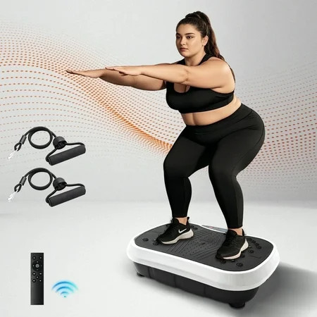 Vibration Plate Exercise Machine, Full Body Workout Power Platform with Loop Bands & Remote Control for Fat Burning and Slimming and Weight Loss, Vibrating Stand Shake Board, White | Walmart (US)