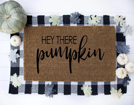 hey there pumpkin doormat, fall porch decor, front door, autumn, farmhouse style | Etsy (US)