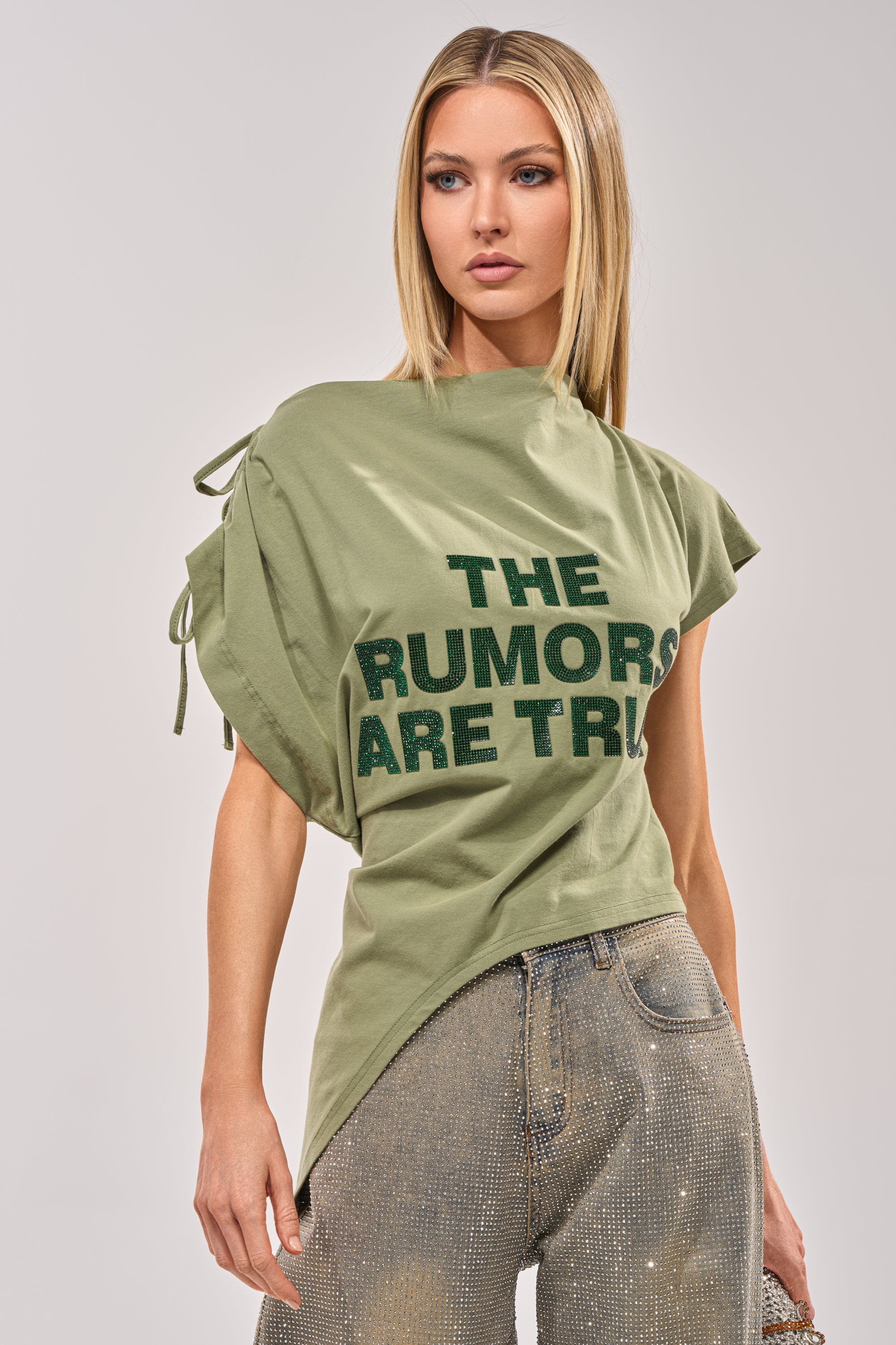THE RUMORS ARE TRUE OFF THE SHOULDER OLIVE TEE | AKIRA