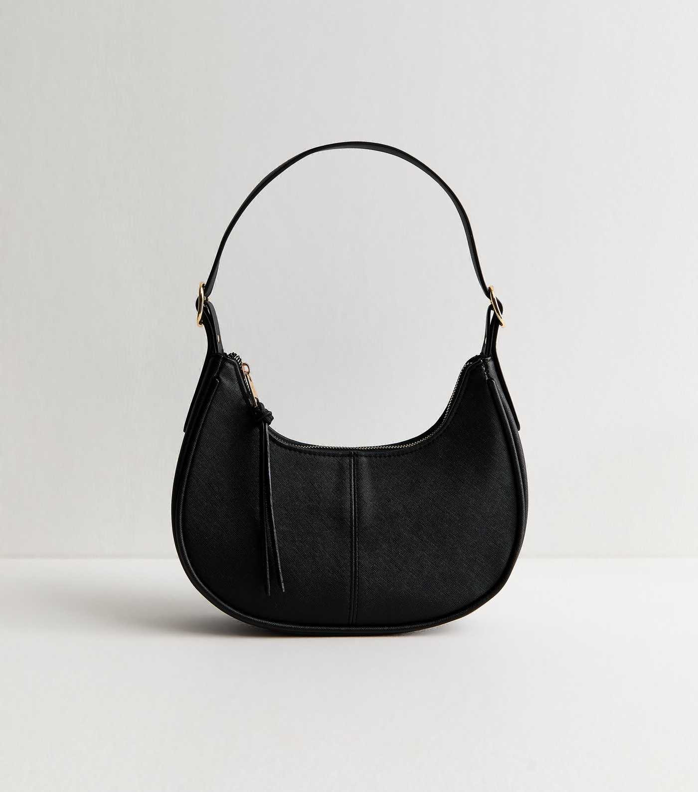Black Grained Faux Leather Oval Buckle Shoulder Bag | New Look | New Look (UK)