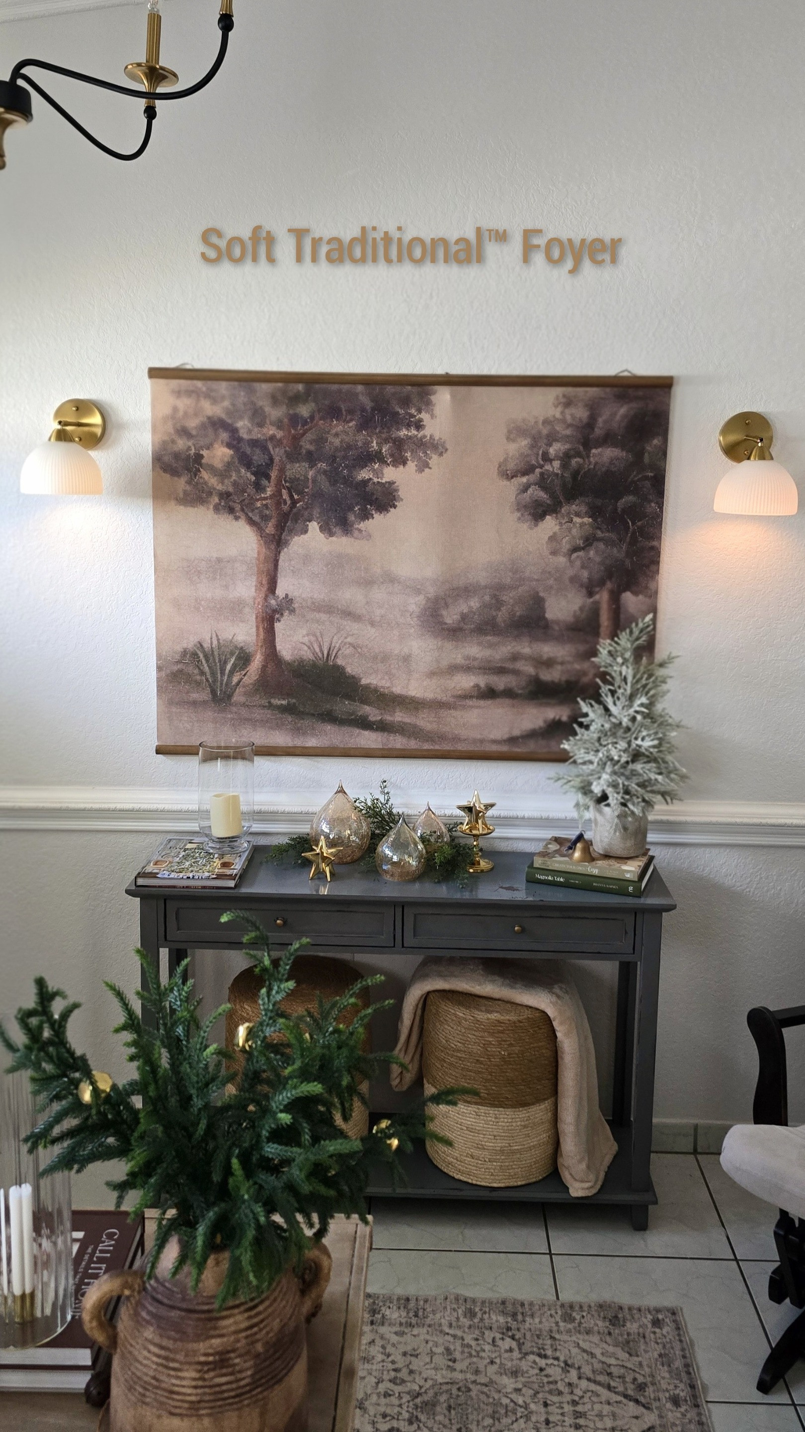 Calm, layered, and softly festive. ✨ My Soft Traditional™ foyer is all about neutral tones, cozy textures, and quiet gold details that feel timeless, not trendy. I linked the console, sconces, and a few favorite accent pieces that bring this peaceful look together. 🕊 #HomeDecor #SoftTraditional #LTKHome #NeutralDecor #EntrywayStyle 

 #LTKHome #LTKStyleTip