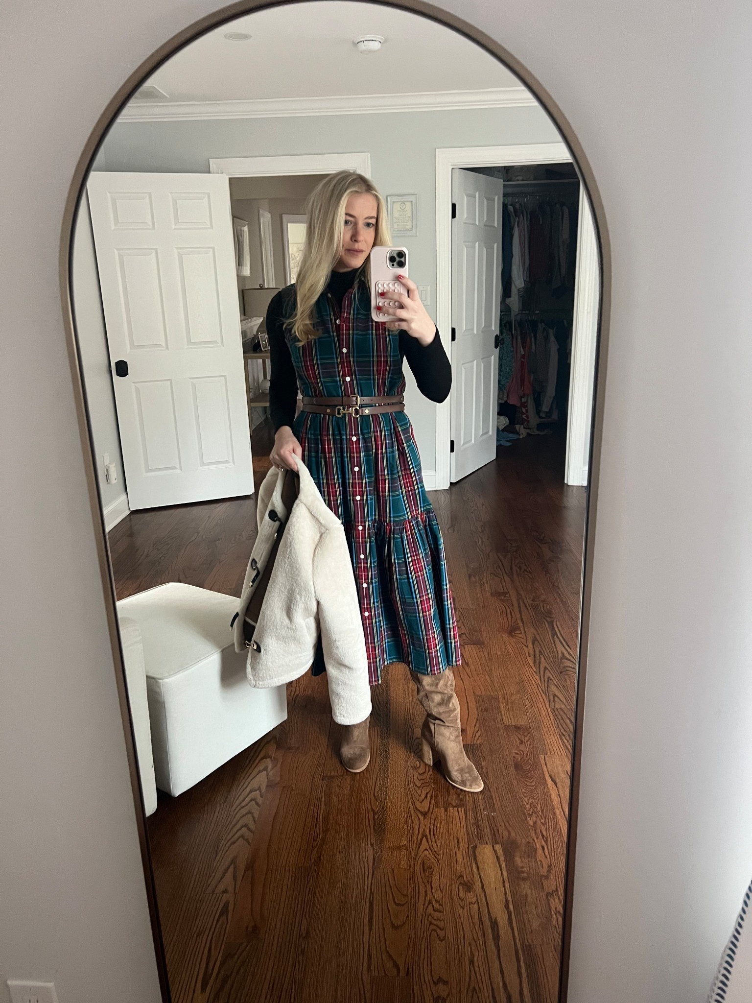 Tartan dress with a belted waist, boots and layers ❄️ Dress is old JCrew but I linked similar. Jacket is Zara. 

#LTKgrwm #LTKHoliday #LTKootd