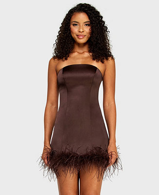 Juniors' Satin Strapless Feather Trim Detail Dress | Macy's