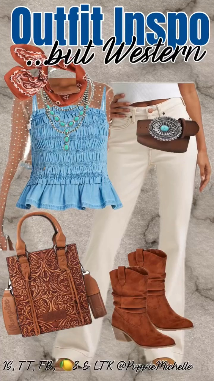 Rodeo season is coming at you!! Western Outfit inspiration. 
Off white wrangler boot cut trousers 
Long sleeve studded pearl sheer shirt
Denim smocked peplum top
Tooled leather western wrangler purse 
Western jewelry 
Sterling silver jewelry 
Turquoise jewelry

#wranglerjeans  #westernstyle #westernfashion  #westernoutfit #nfrfashion