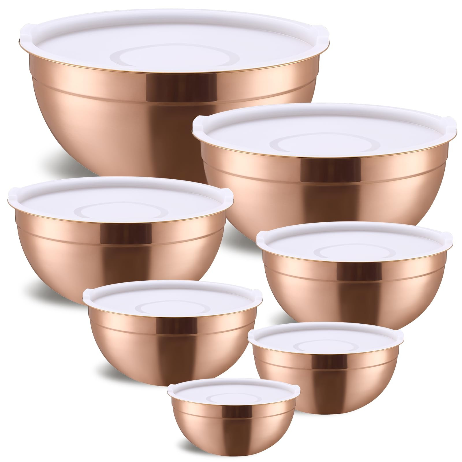 Rose Gold Mixing Bowls with Airtight Lids, Stainless Steel Nesting Mixing Bowls Set of 7, Ideal for Baking, Prepping and Serving Food, Size 7, 3.6, 2.7, 2.1, 1.5, 1.1,0.8 QT, Stackable Design | Amazon (US)