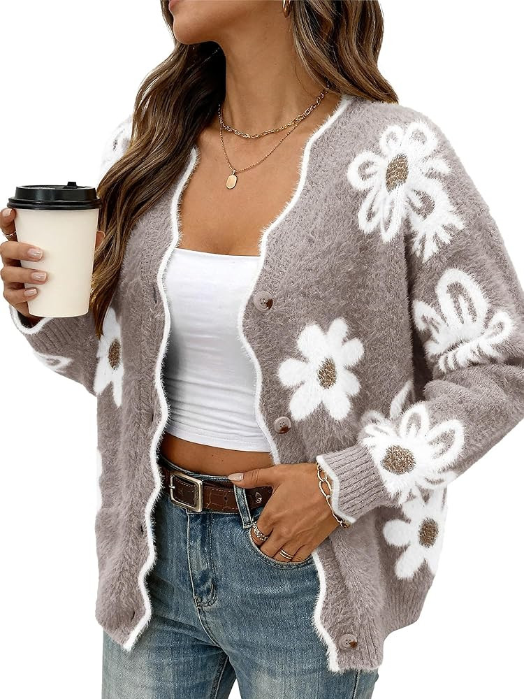 HDLTE Cardigan Sweaters for Women Chunky V-Neck Button Down Knit Fuzzy Floral Sweater 2025 | Amazon (US)