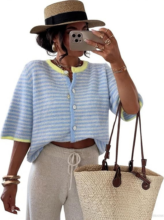 AMEBELLE Women's Lightweight Short Sleeve Cardigan Summer Casual Striped Knit Open Front Sweater | Amazon (US)