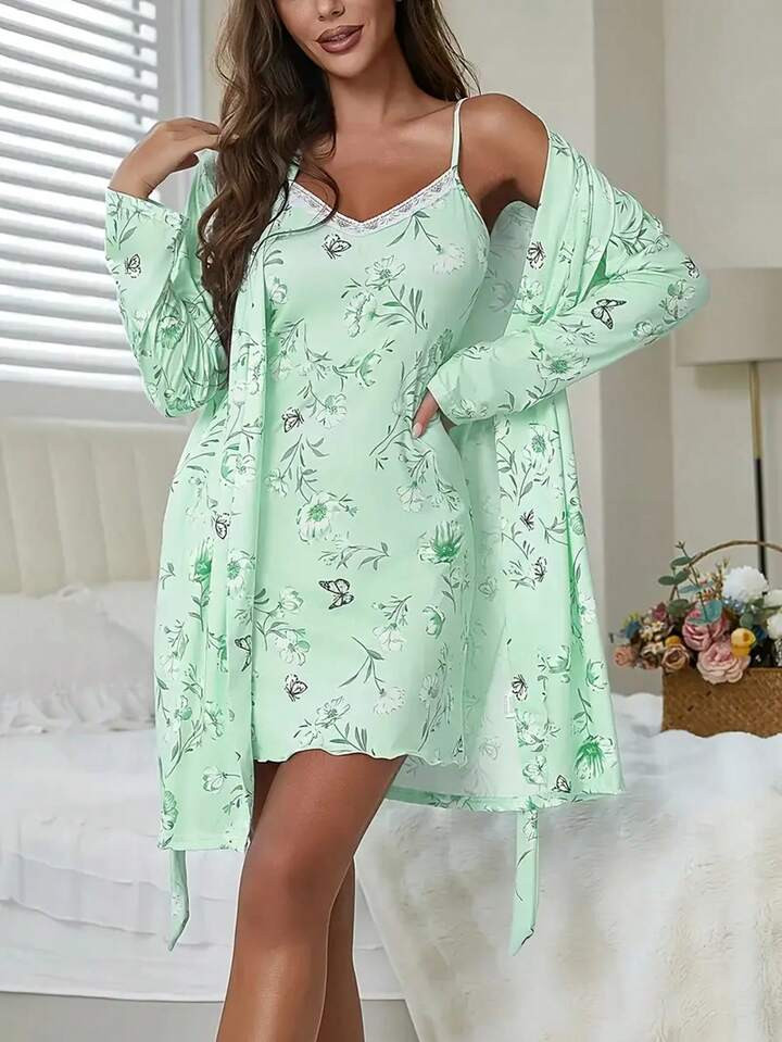 Pajama Set Lace Edge Satin Nightgown With Robe Elegant Ruffled Mid-Length Sexy Vest 2-Piece Set S... | SHEIN