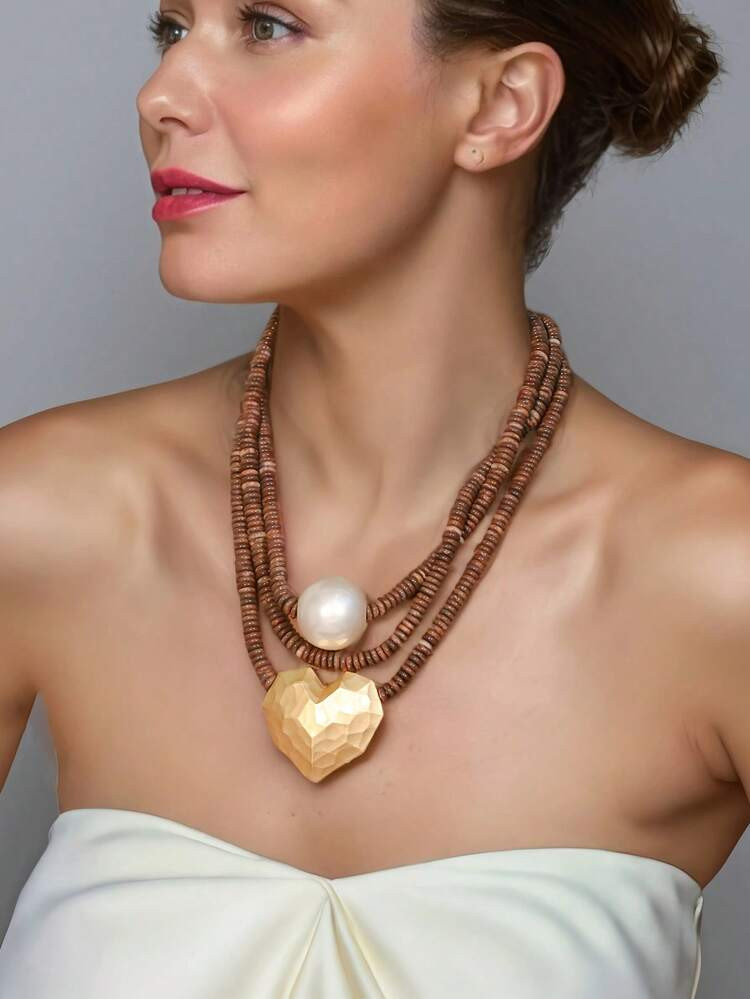 Vintage Multi-Layer Beaded Necklace With Metal Heart And Faux Pearl Pendants, Unique Design, Bohe... | SHEIN