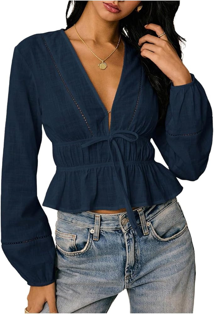 SweatyRocks Women's Bow Tie Front Deep V Neck Peplum Blouse Long Sleeve Babydoll Ruffle Shirts | Amazon (US)