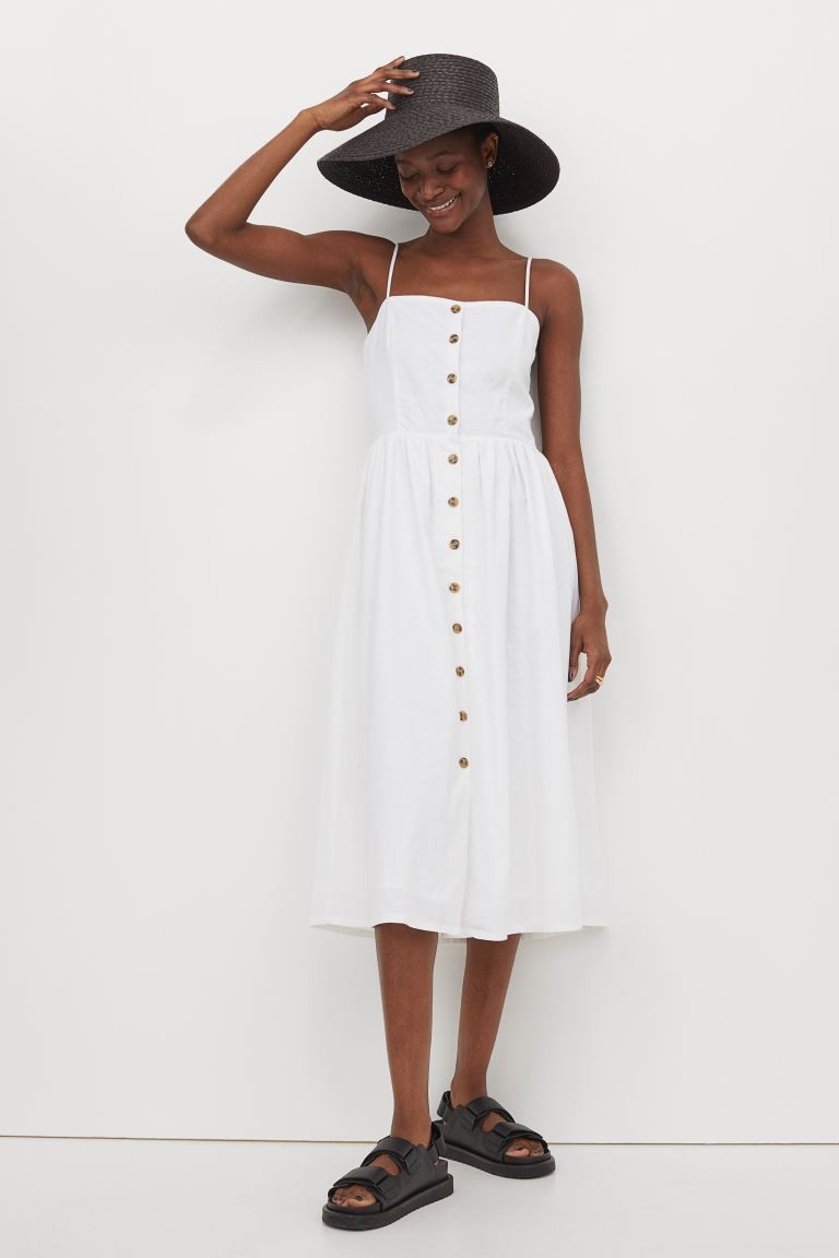 Calf-length dress in a woven linen and cotton blend. Narrow, adjustable shoulder straps, square n... | H&M (US + CA)