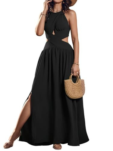 CHICME Women's Sleeveless Halter Neck Criss Cross Tie Back Split High Maxi Dress Flowy A Line Ruched Vacation Black Dress-S | Amazon (US)