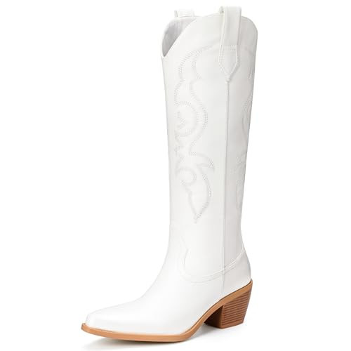 Platikly White Cowboy Boots for Women - Embroidered Western Cowgirl Boots, Wide Calf Knee High Tall Footwear, Almond Pointed Toe Chunky Heel Pull On Zipper Classic Retro Country Style US 9.5 | Amazon (US)