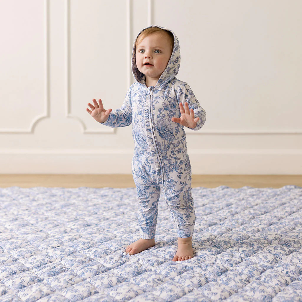 Princess Damask White Ruffled Hooded Baby Romper | Briar | Posh Peanut