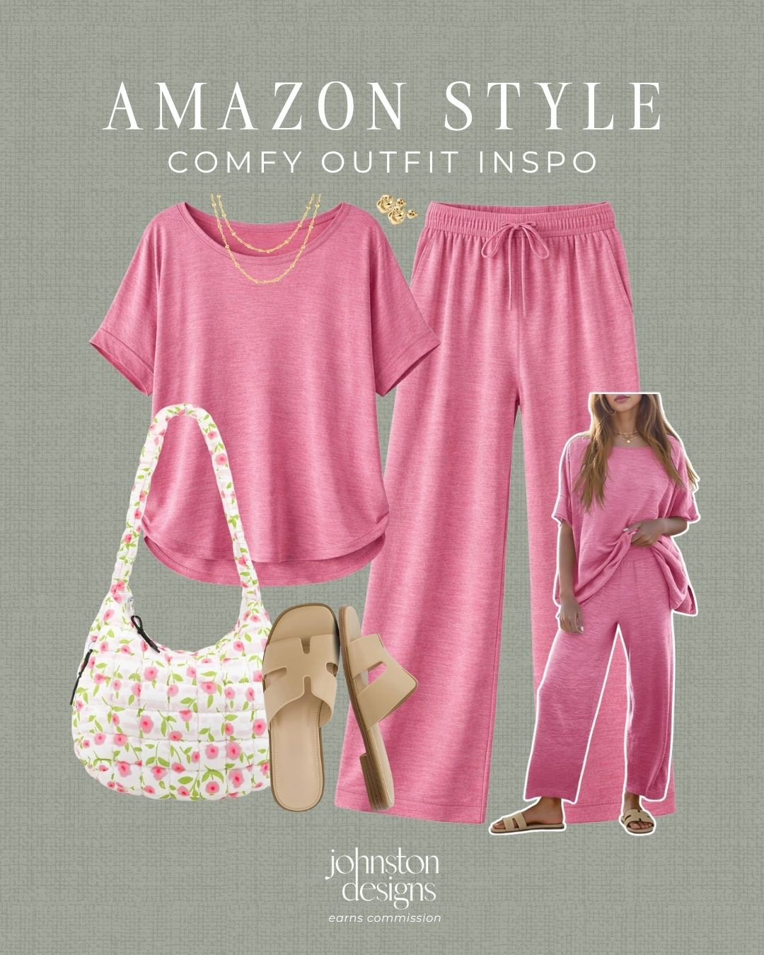 Amazon comfy outfit inspo for travel days, errands or casual weekends. 💕

Amazon style, comfy outfit, lounge set, pink matching set, travel outfit, casual weekend, everyday style, floral tote, slide sandals, gold jewelry, soft pants, relaxed fit, mom style, affordable fashion 

 #LTKootd