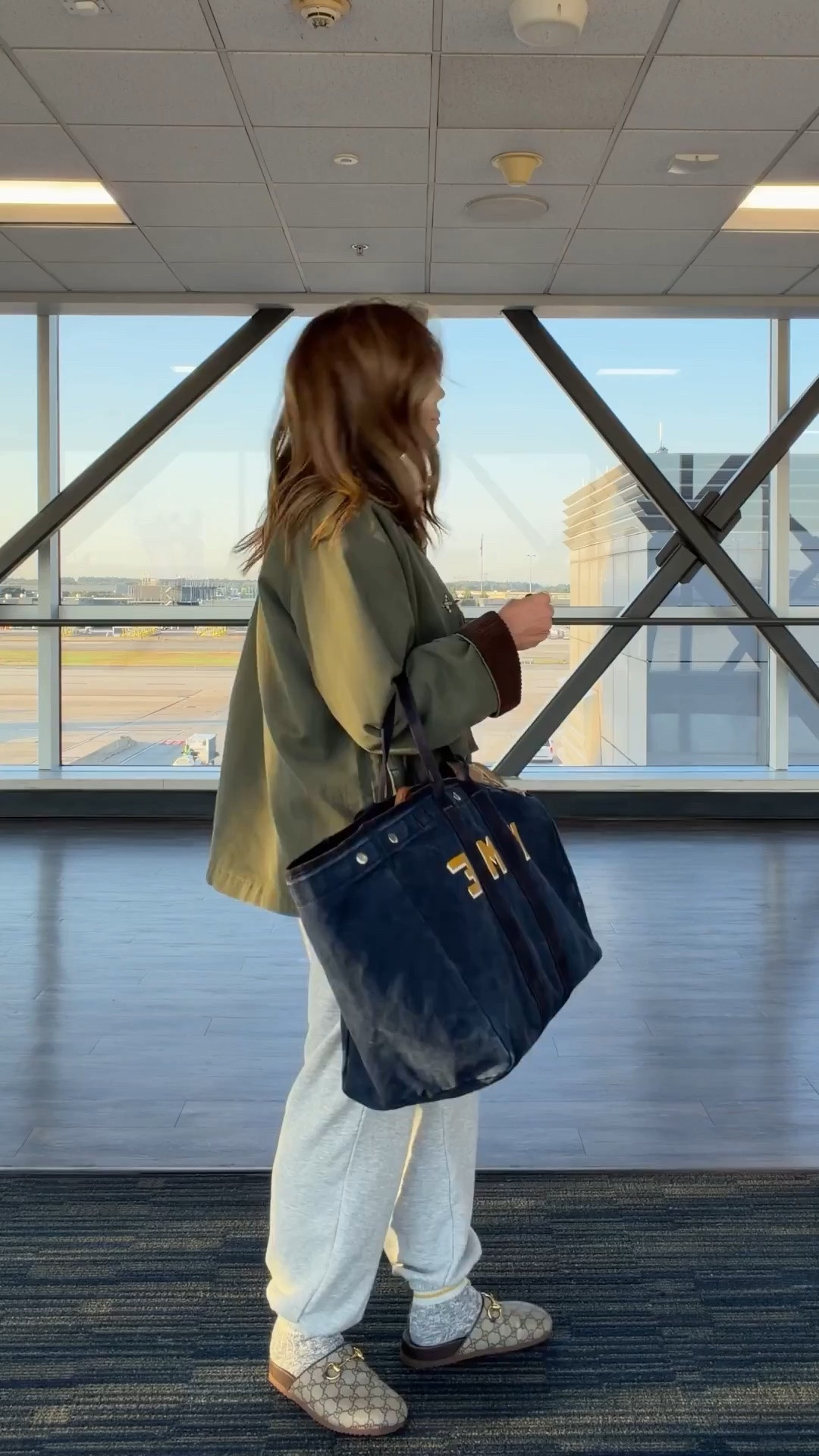 Travel outfit!!! Go up a half size in Gucci clogs. In small sweats xs tank large button down xs jacket