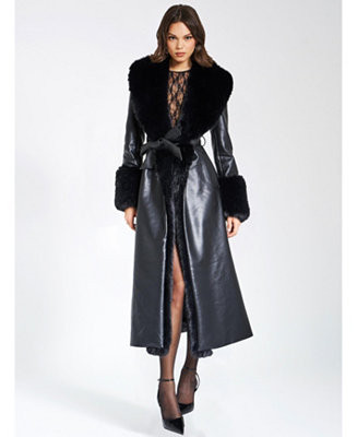 Women Zaida Black Faux Fur Trim Black Faux Leather Coat | Macy's