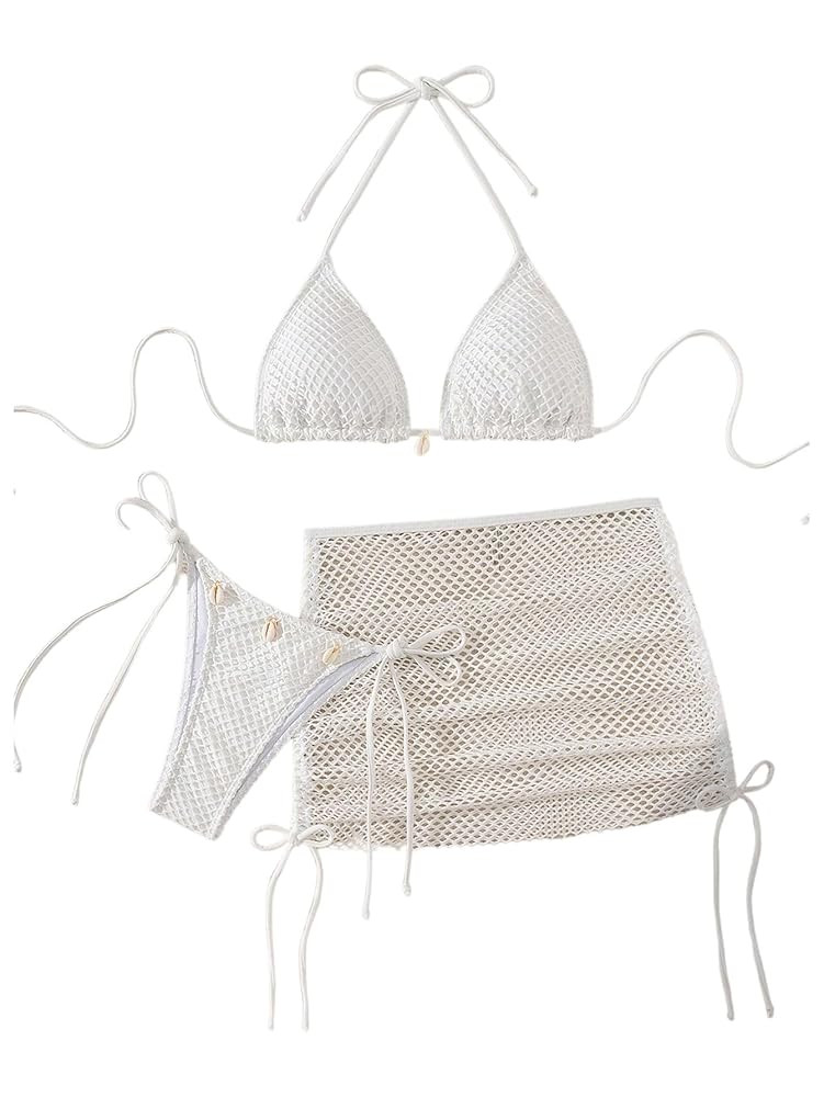 SHENHE Women's 3 Piece Bikini Set Shell Decor Halter Bra and Bottom with Cover Up Skirt | Amazon (US)
