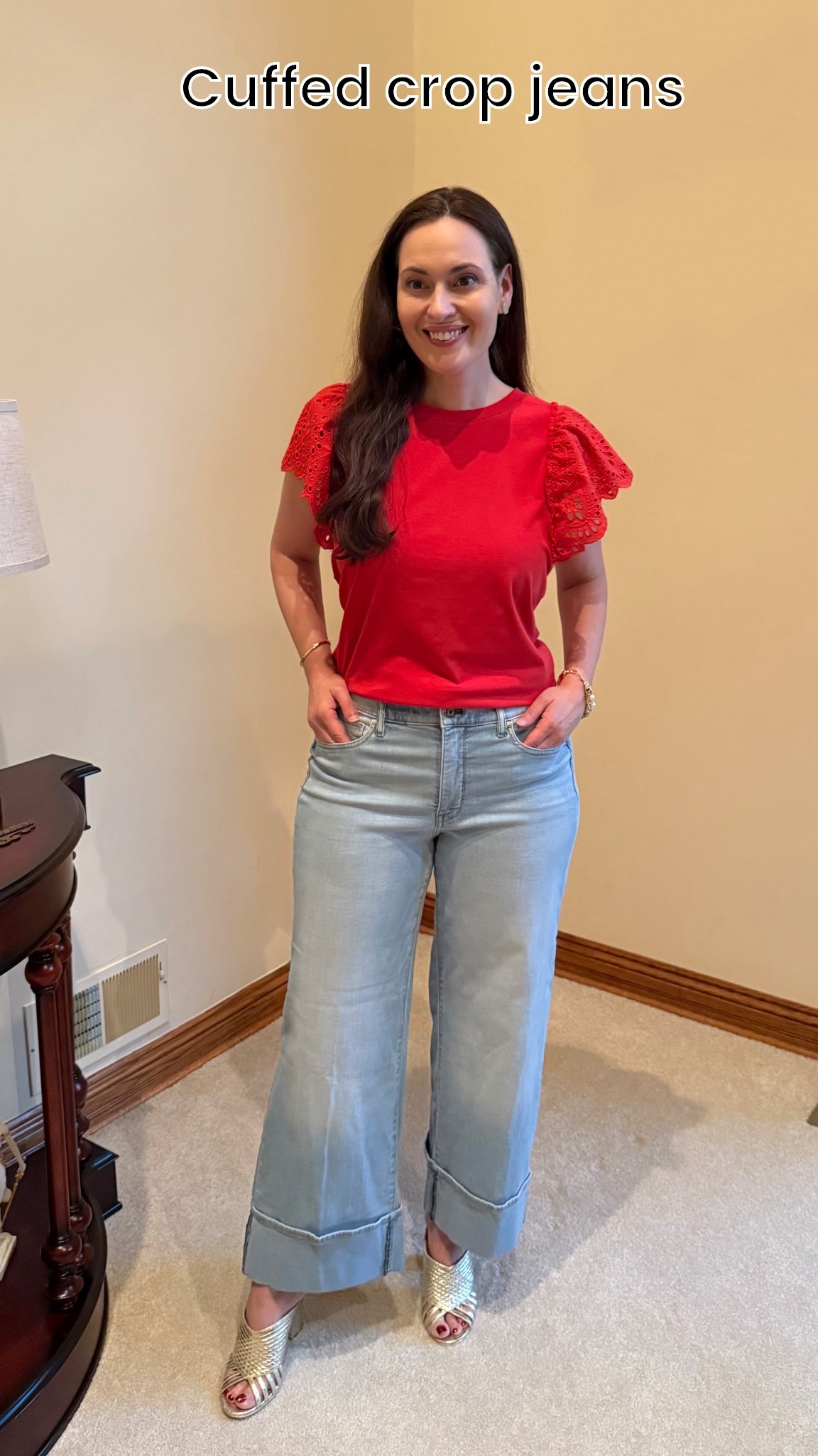 Loving these cuffed cropped jeans. Im wearing the regular length, but they also come in short if you prefer shorter lengths. The material is soft. It’s not a heavy denim so it’s light enough to wear in the Summer and going into Fall. The top has an eyelet design on the sleeves. It’s really cute and the color is so pretty. 

#LTKSaleAlert #LTKStyleTip #LTKOver40