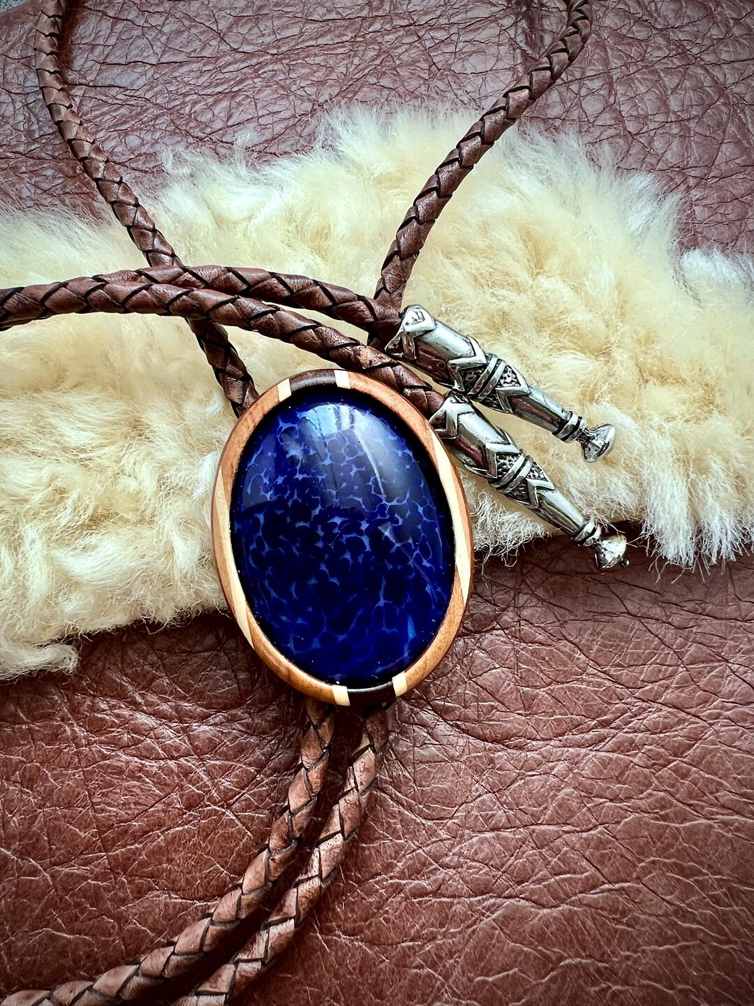 Southwest Bolo Ties Navy Crackle Agate W Handmade Wood Bezel, Braided Leather Cord, Brn 41,fashio... | Etsy (US)