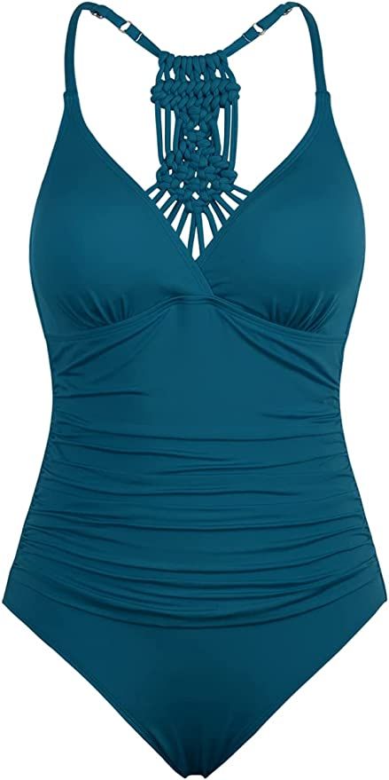 Hilor Women's Shirred Halter One Piece Swimsuits Macrame Back Swimwear Tummy Control Bathing Suit | Amazon (US)