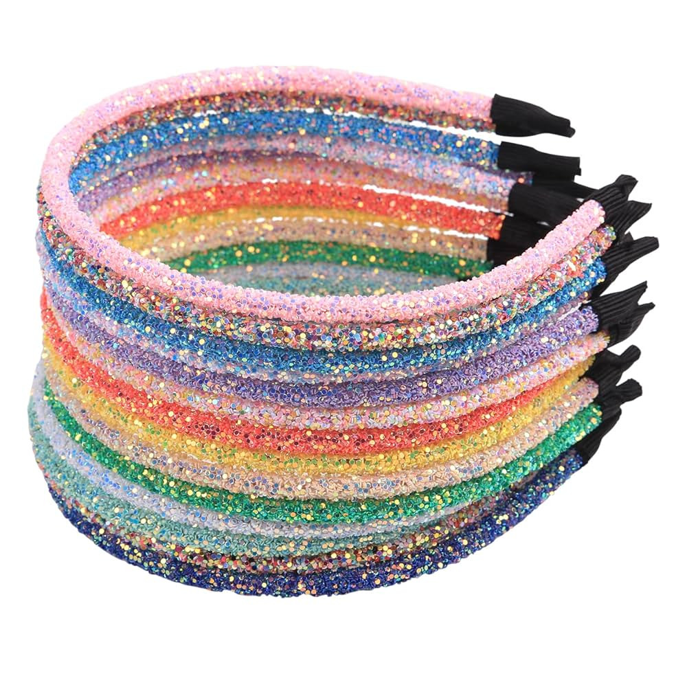 XIMA 14pcs Glitter Headbands for Girls Skinny Sparkle Hairbands Women Hair Loop Hair Accessories | Amazon (US)