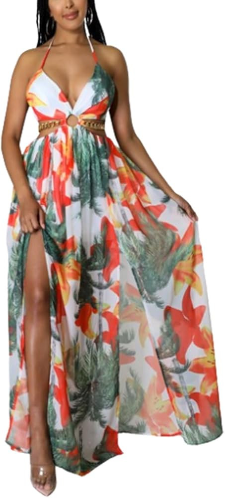 Women Floral Print Chain Decor Split Thigh Tie Back Cami Dress,Summer Deep V Open Back Maxi Dress | Amazon (US)