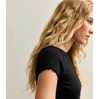 Women's Black Ribbed Jersey Frilly Trim Short Sleeve Top New Look | New Look (UK)