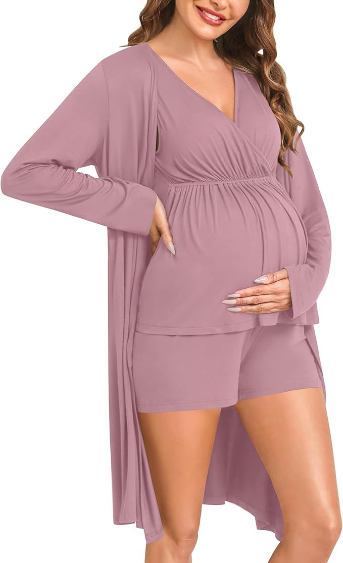 SWOMOG Maternity Nursing Robe Set 3 Piece Breastfeeding Pajamas 3 in 1 Labor Delivery Sleeveless ... | Amazon (US)