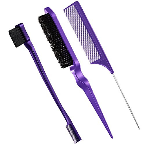 Geiserailie 3 Pcs Slick Back Hair Brush Set Bristle Brush Edge Control Teasing Comb for Women Black Hair(Purple) | Amazon (UK)