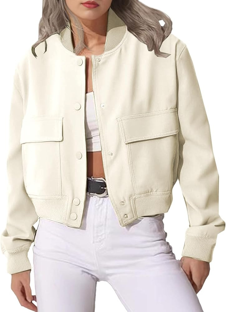 Womens Cropped Bomber Jacket Button Down Varsity Jackets Shackets with Pockets | Amazon (US)