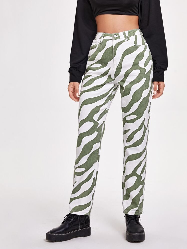 Zebra Striped High Waisted Straight-Leg Jeans | SHEIN