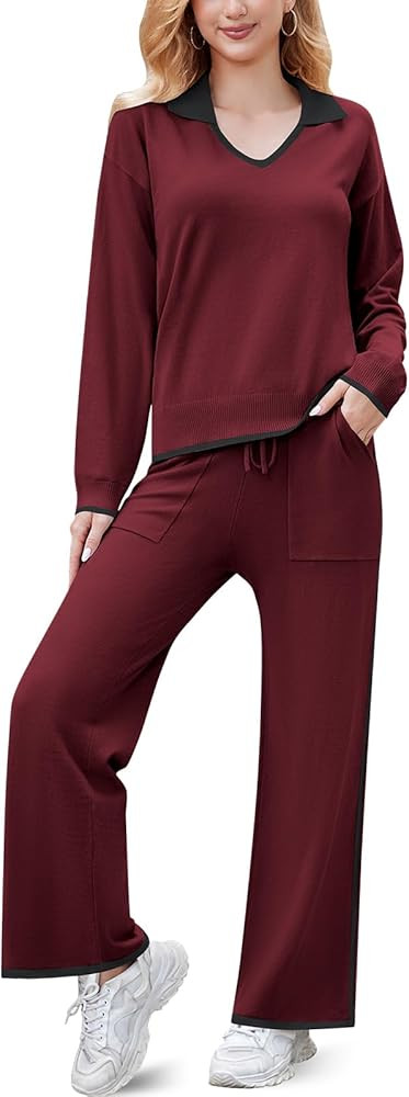 Womens 2 Piece Outfits Long Sleeve Knit Sweater Top Wide Leg Pants Tracksuits Trendy Lounge Sets | Amazon (US)