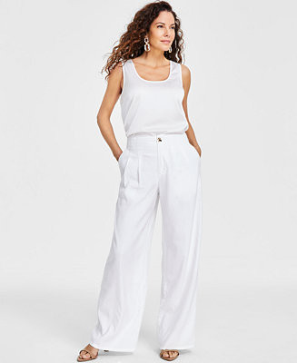 Petite Linen-Blend High-Rise Pleated Wide-Leg Linen-Blend Pants, Created for Macy's | Macy's