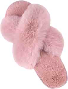 Women's Cross Band Slippers Soft Plush Furry Cozy Open Toe House Shoes Indoor Outdoor Faux Rabbit... | Amazon (US)