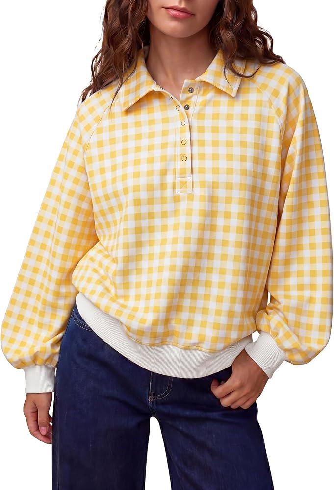 Fisoew Womens Oversized Sweatshirts Casual Long Sleeve Gingham Quarter Snap Stand Collar Loose Pu... | Amazon (US)