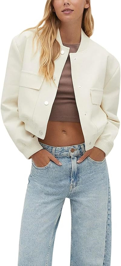 Springrain Womens Cropped Bomber Jacket Casual Varsity Jacket with Pockets Long Sleeve Outwear | Amazon (US)