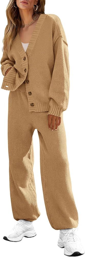 BTFBM Women 2 piece Outfits Fall Knit Sweater Sets Loose Casual Button Down Cardigan Long Pants M... | Amazon (US)