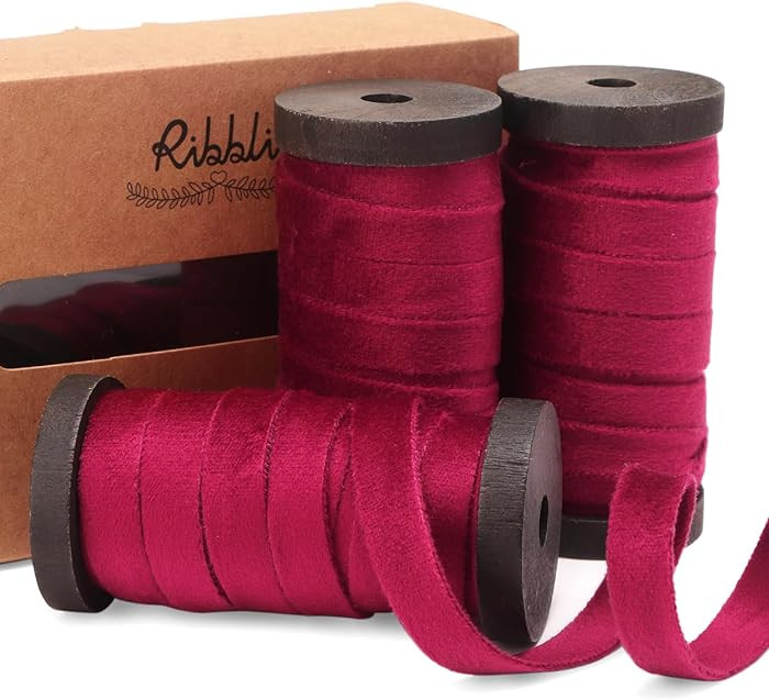 Ribbli Burgundy Red Velvet Ribbon 3 Rolls Double Faced 3/8 Inch 18-Yard with Wooden Spool Use for... | Amazon (US)