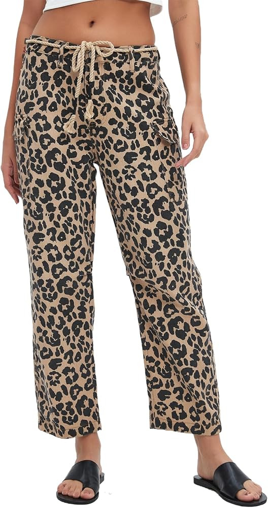 Distressed Baggy Jeans for Woman Leopard Mid Waist Wide Leg Denim Cargo Pants with Pockets Drawst... | Amazon (US)