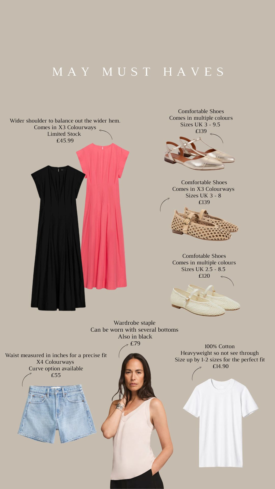 May Must Haves! 

Capsule Wardrobe Staples, Black Maxi Dress, Pink Maxi Dress, Comfortable Flat Summer Shoes, Metallic Slingback Flats, Woven Mary Jane Flats, Cream Mesh Flats, Denim Shorts, White Cotton T Shirt, Everyday Wardrobe Essentials, Summer Basics, Versatile Summer Pieces, Classic Casual Style, Elevated Basics 

 #LTKuk #LTKsummer #LTKeurope