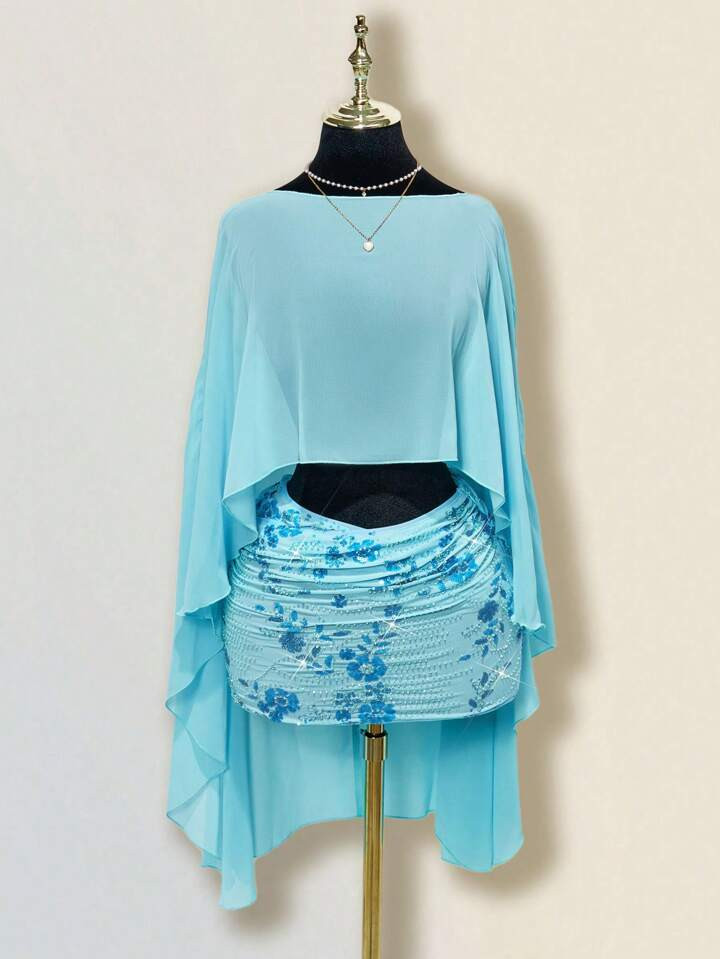 Sweetina Women's Blue Loose Vacation Casual Shawl Top With Multi-Wear Style, Asymmetric Neckline, Open Back, And Tie Strap | SHEIN