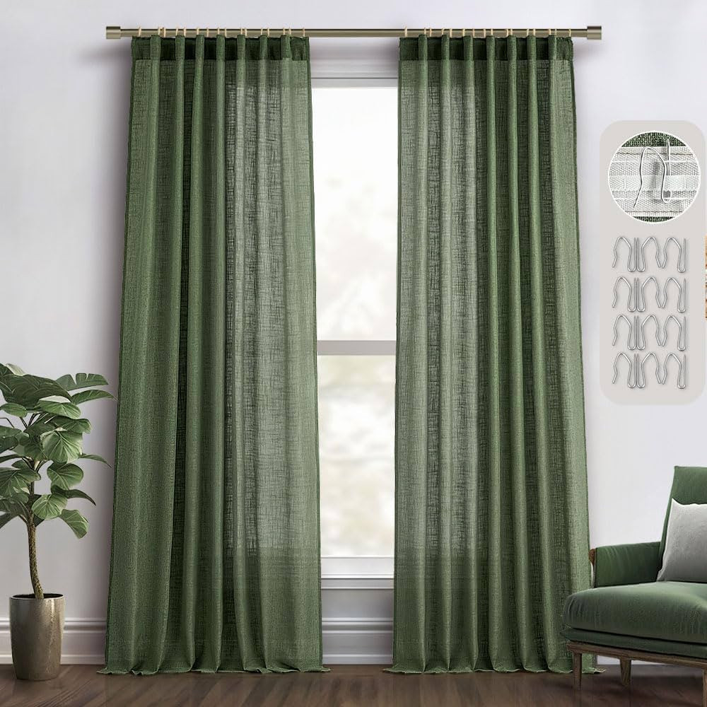 MIULEE Olive Green Linen Curtains 84 Inches Long 2 Panels for Bedroom Living Room, Back Tab & Ple... | Amazon (US)