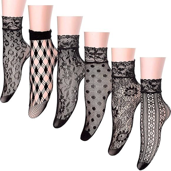 Jusback 6 Pairs Lace Fishnet Ankle Socks for Women Anklet Socks for Dress | Amazon (US)