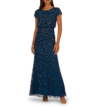 Beaded Mesh Crew Neck Short Sleeve Blouson Long Dress | Dillard's