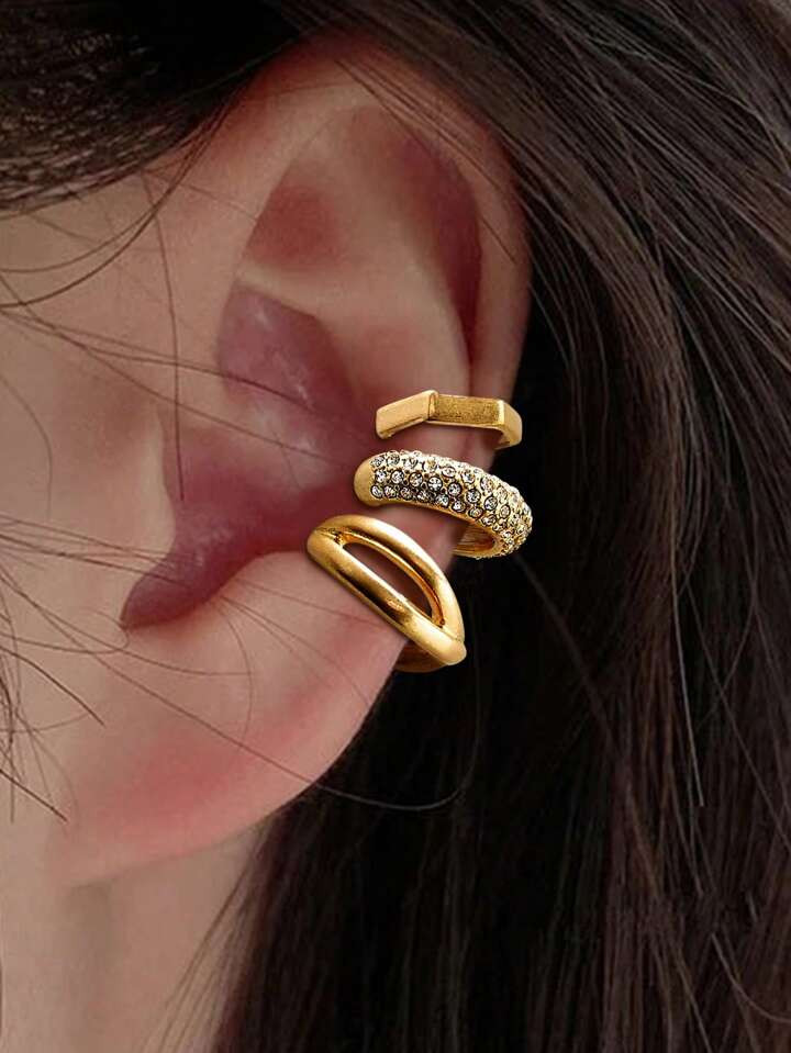 3pcs Simple Rhinestone Clip-on Earrings Set For Women, Suitable For Vacation, Dating, Gift And Da... | SHEIN