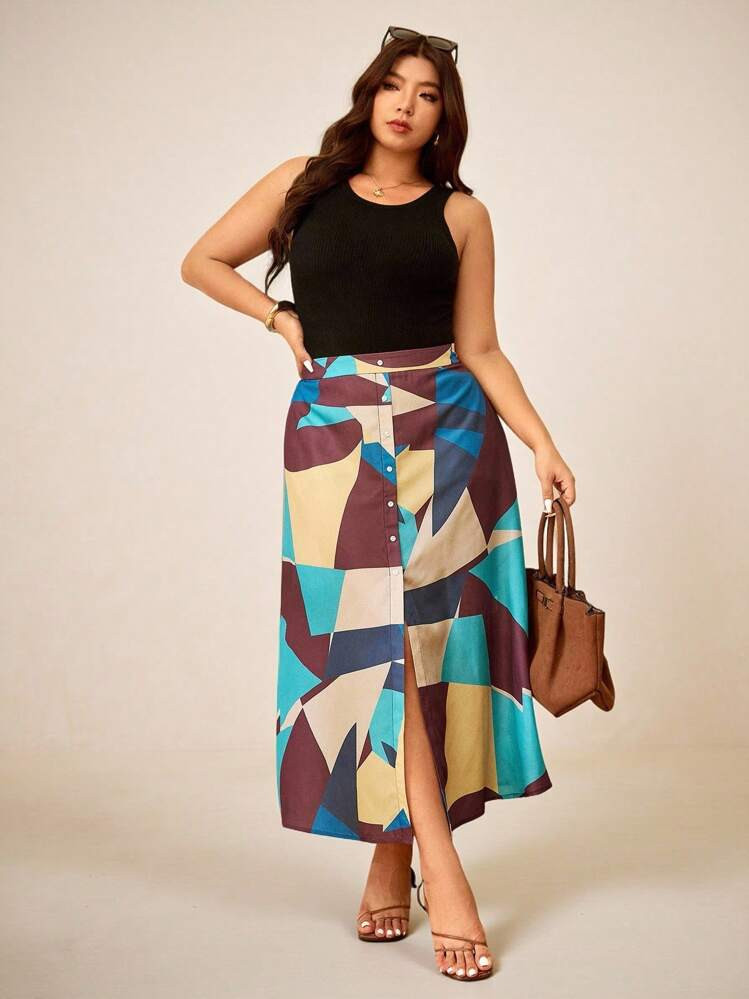 Elaquor Plus Size Women Geometric Print Single Breasted Casual Skirt | SHEIN