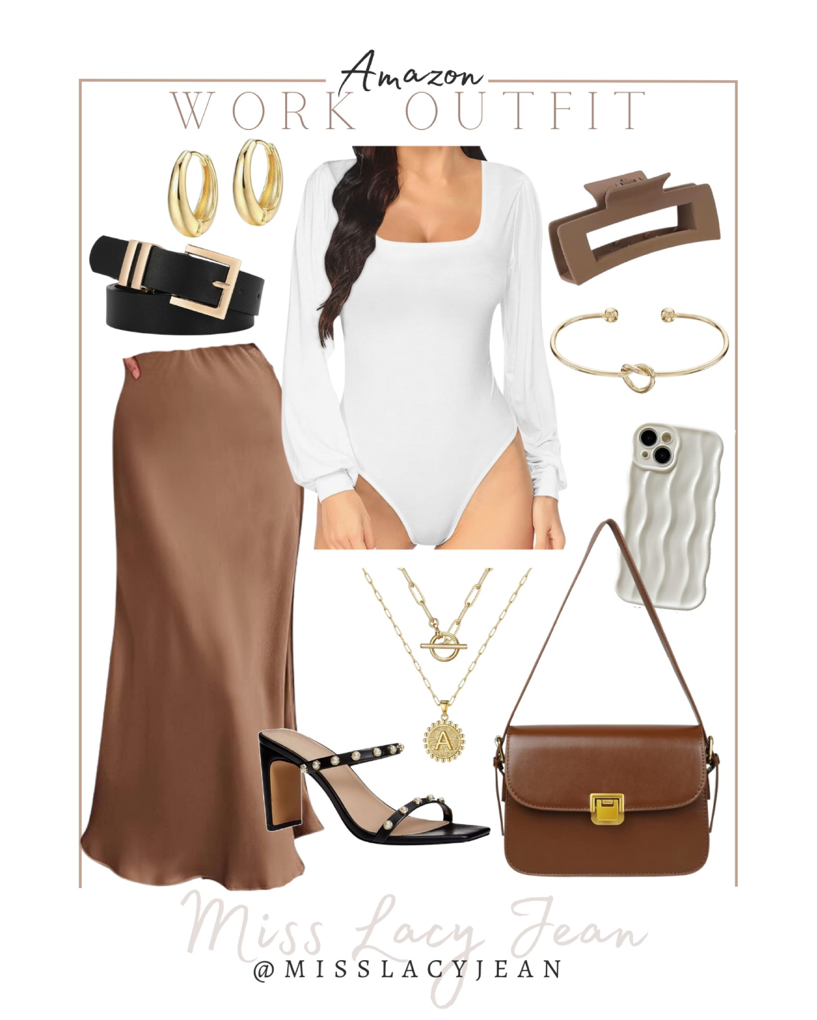 Amazon outfit finds include skirt, bodysuit, handbag, heels, gold necklace, gold bracelet, hair clip, belt, gold earrings.

Outfit, Amazon outfit, dressy outfit, spring outfit

#LTKworkwear #LTKshoecrush #LTKstyletip